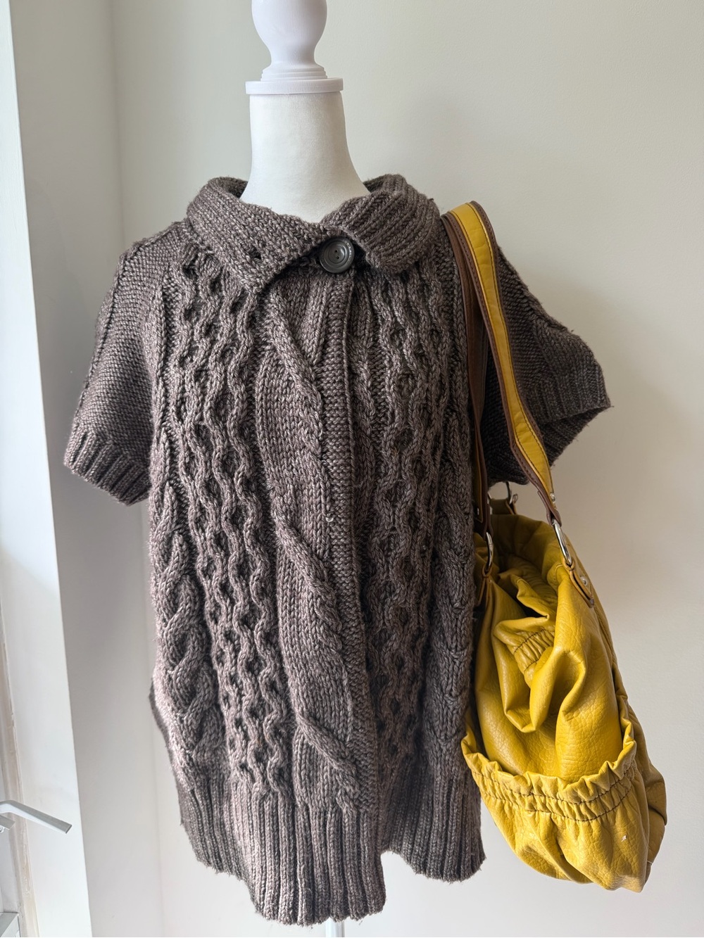 Esprit Brown Cable-Knit Short-Sleeve Cardigan with High Collar - Picture 4 of 6